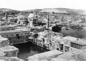 Hezekiah's Pool, ancient reservoir in the Christian Quarter of the Old City of Jerusalem. St. John the Redeemer Lutheran Church, built in 1898, wasn't yet visible in this photo. Photo taken by English photographer, Francis Frith, 1862 — with Coptic caravansary, Holy Sepulcher and Mosque of Omar.